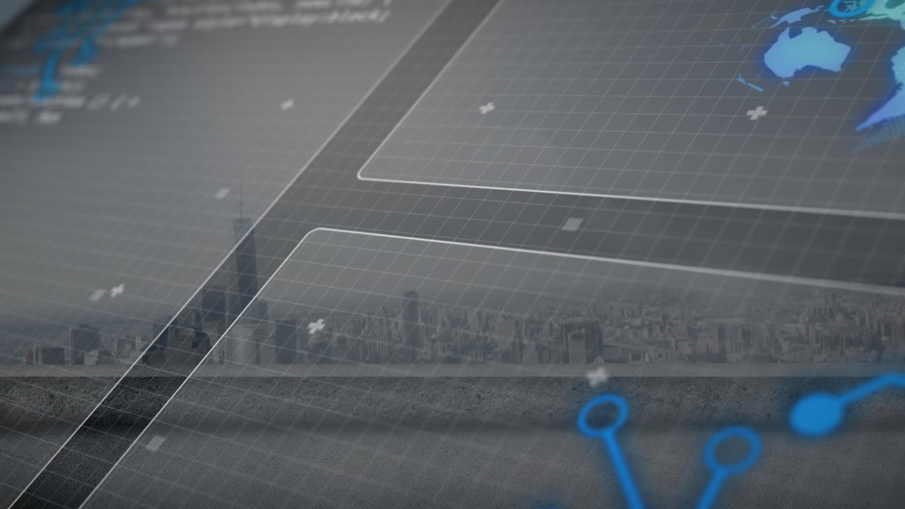 Digital map animation with cityscape overlay featuring blue navigation marker