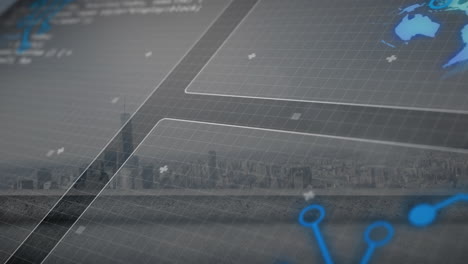 digital map animation with cityscape overlay featuring blue navigation marker