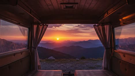a breathtaking sunset view from a camper van, framing majestic mountain ranges under a vibrant sky, capturing nature's serenity and tranquility