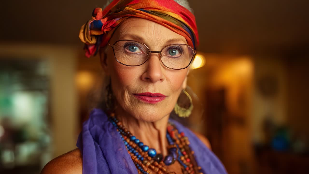 Invecchiare con grazia: catturare l'essenza di una donna sicura di sé in un vivace abito colorato e accessori audaci, celebrando l'individualità e la bellezza senza tempo