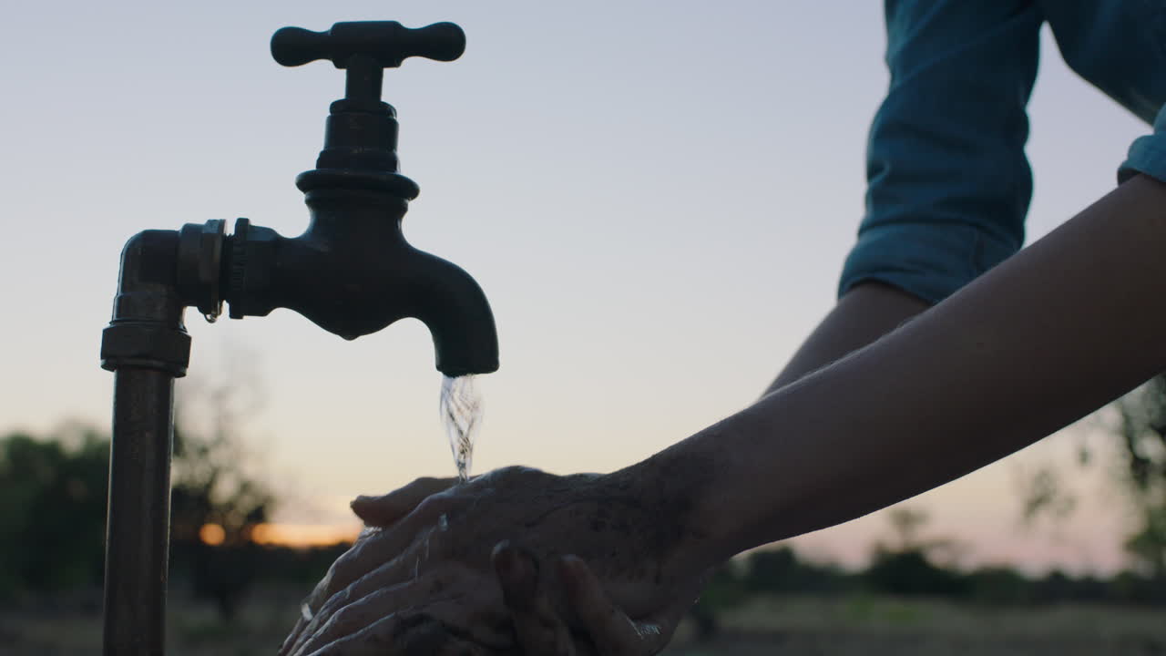 mujer agricultora lavando las manos sucias bajo el grifo con agua dulce en una granja rural al atardecer