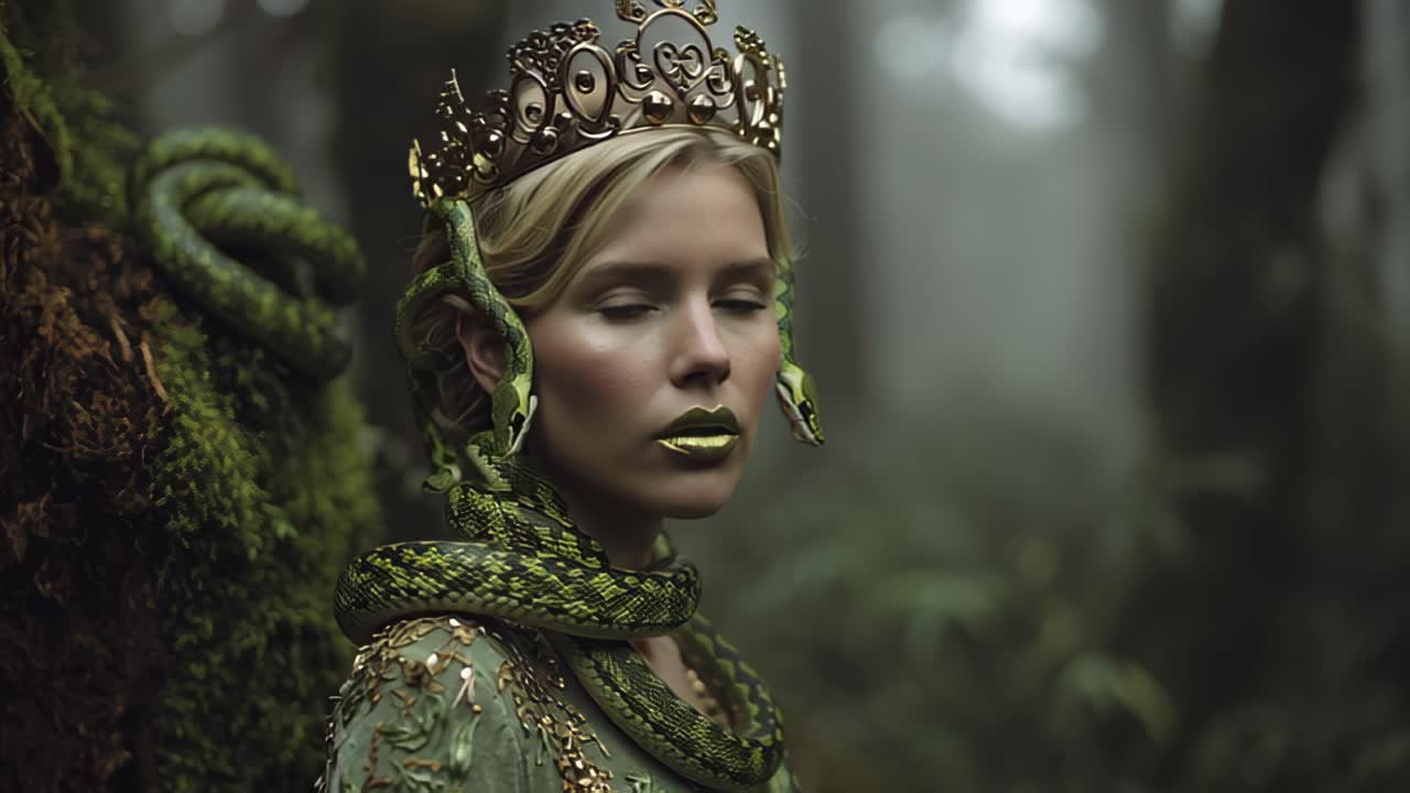 Riprese cinematografiche in primo piano di una regina fantasy che indossa una corona e trucco verde, con un serpente avvolto intorno al collo in un'ambientazione forestale scura e nebbiosa.