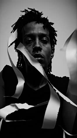 black and white portrait revealing fragmented identity through horizontal paper strips obscuring facial features, exploring psychological complexity and emotional concealment