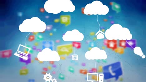 animación de nubes e iconos digitales sobre fondo azul