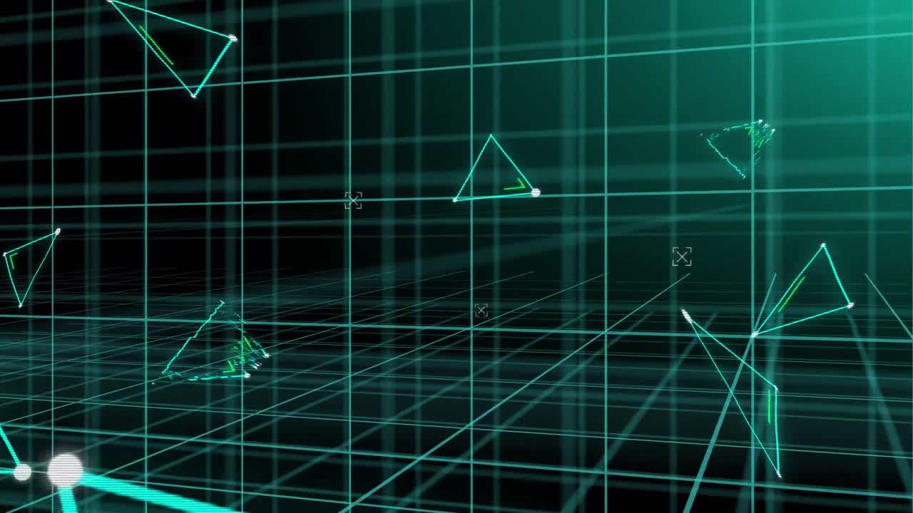 Animation of 3d grid and triangular networks processing data on black background