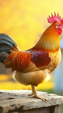sunset with proud rooster. a vibrant rooster perches on a wooden ledge with a barn in the background during a beautiful sunset in autumn.