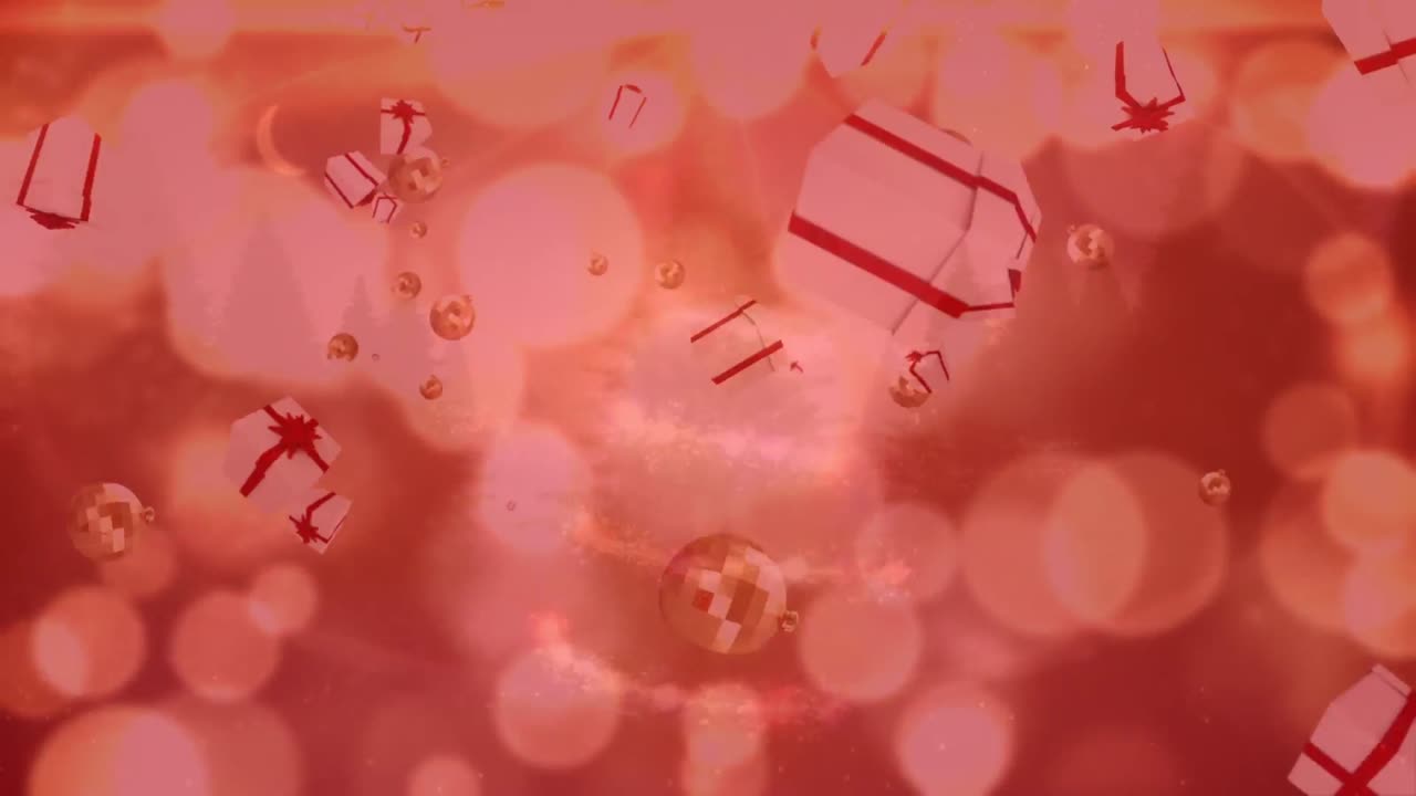 여러 개의 크리스마스 볼과 선물 아이콘이  ⁇ 은 배경에 빛의 반점에 떨어집니다.