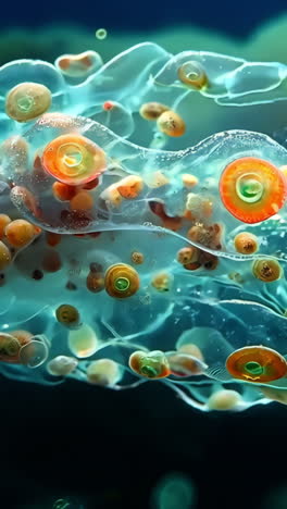 a jellyfish with many small orange spots is floating in the water. the jellyfish is surrounded by many bubbles, which give the impression of a dreamy, ethereal atmosphere
