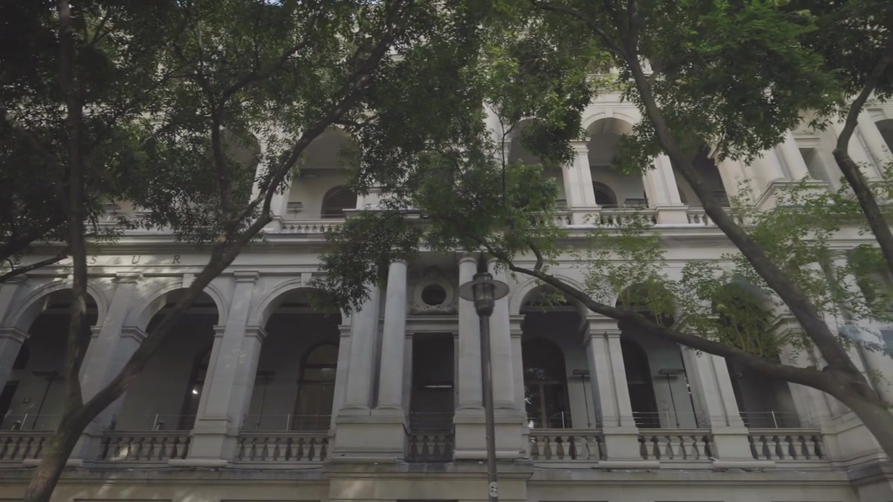 Una vista ravvicinata mostra il colonnato ad arco di un edificio storico in arenaria incorniciato da alberi sporgenti