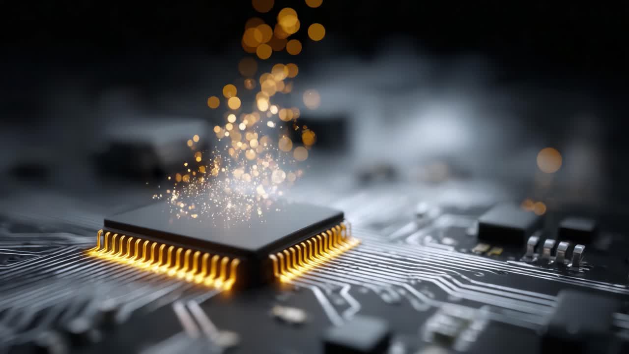 A Glimmering Microchip Illuminates the Darkness of a Circuit Board, Emitting a Magic-like Sparkle as if Breathing Life into Technology's Core