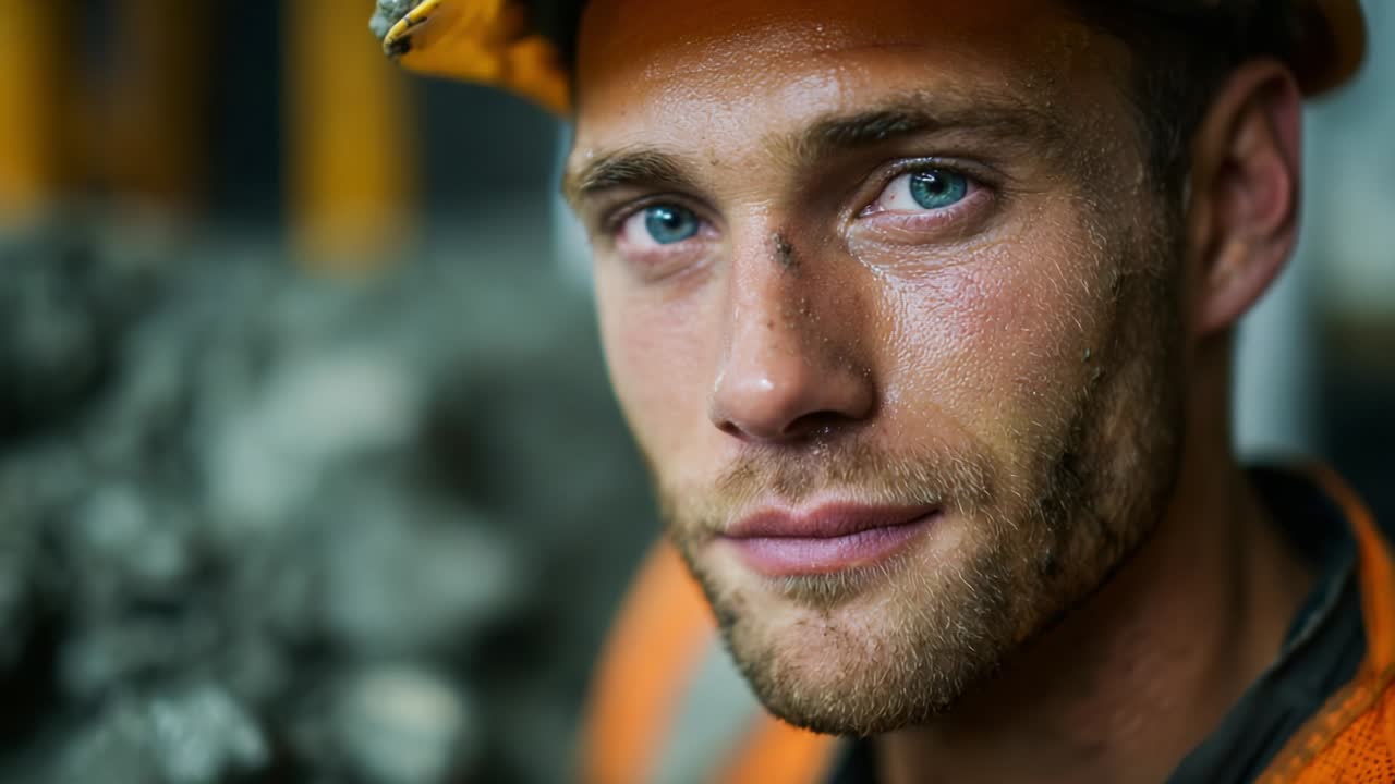 A Dedicated Worker in Safety Gear Showcases Determination and Resilience, Underlining the Importance of Commitment and Hard Work in Challenging Environments, Captured in a Close-Up Portrait