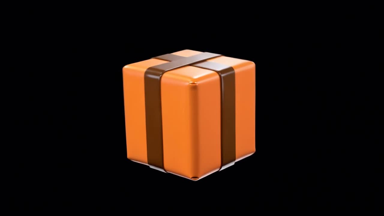 3D animovaná oranžová dárková krabice rotující na černém pozadí