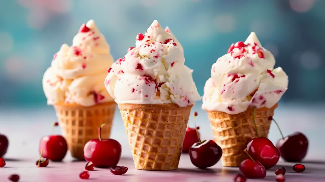 tres conos de helado con cerezas y granada en una mesa