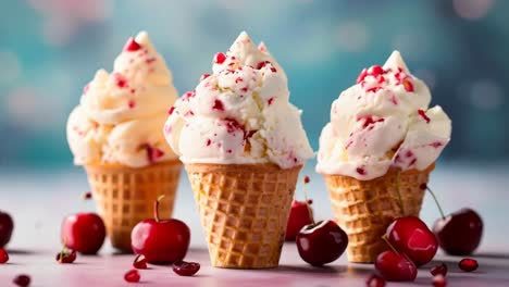 three ice cream cones with cherries and pomegranate on a table