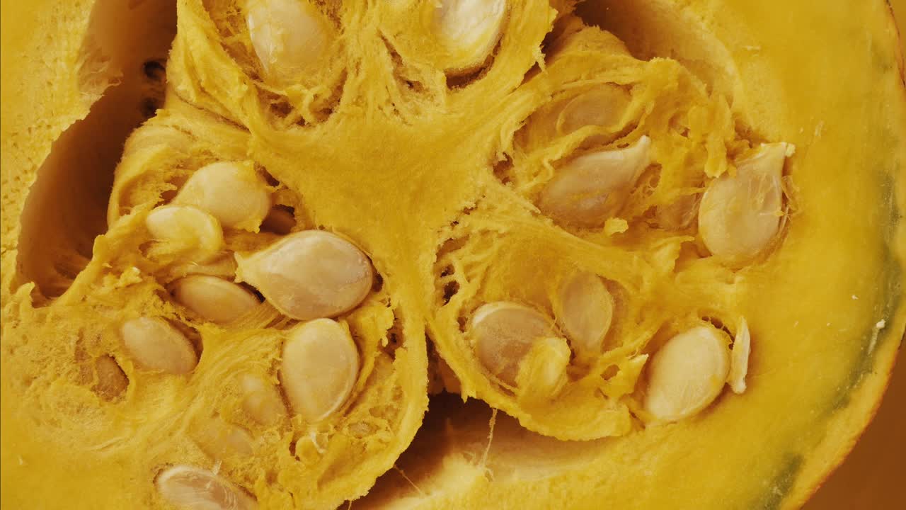 할로윈 다채로운 호카이도 호박 - 스 모션 애니메이션. 건강한 채소 원시 음식 준비 - 극단적인 근접 시각.