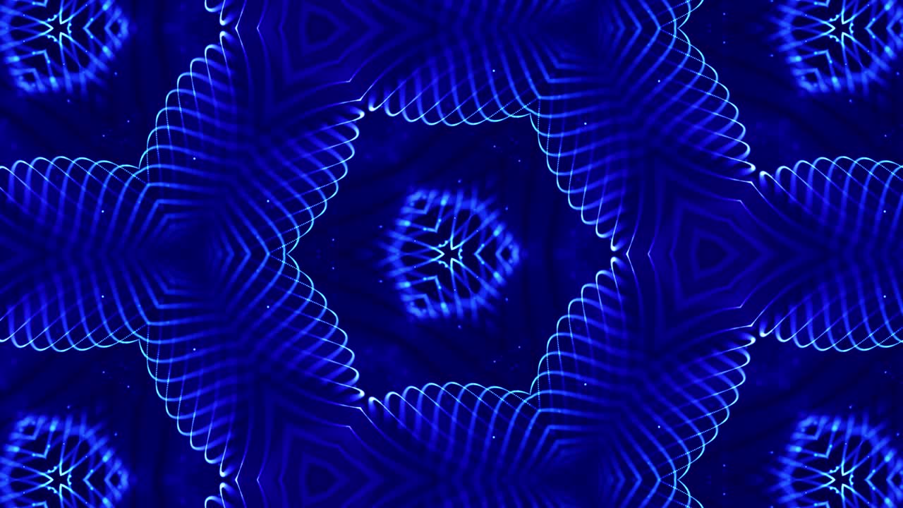 Kaleidoscopic abstract theme. 4k looped sci-fi 3d background with glow blue particles form lines, surfaces, pattern complex symmetrical structures