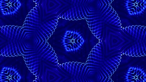 tema abstracto caleidoscópico. fondo 3d de ciencia ficción en bucle de 4k con partículas azules brillantes forman líneas, superficies, patrones estructuras simétricas complejas