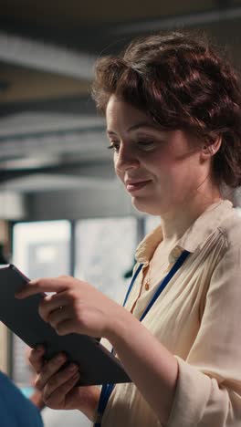 vertical video pensive woman business leader does forecasting on her tablet in the office