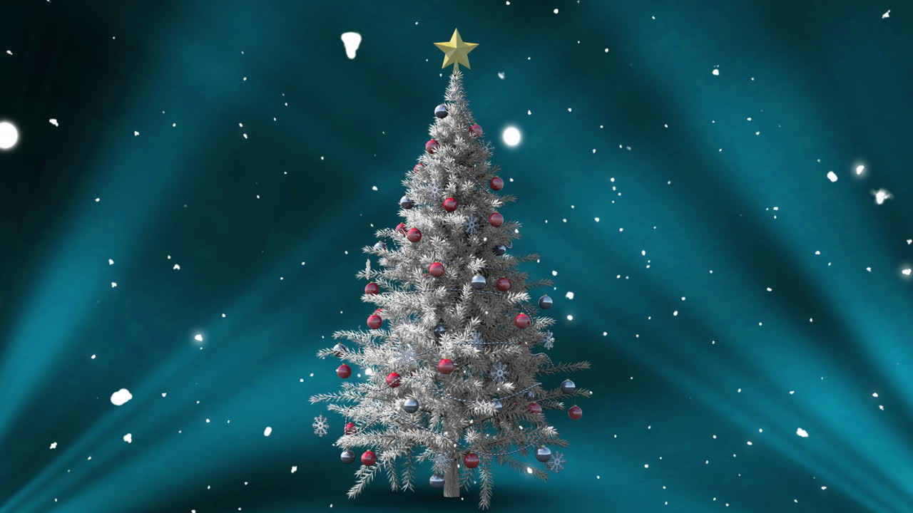 Animation of christmas tree and snow falling on blue background
