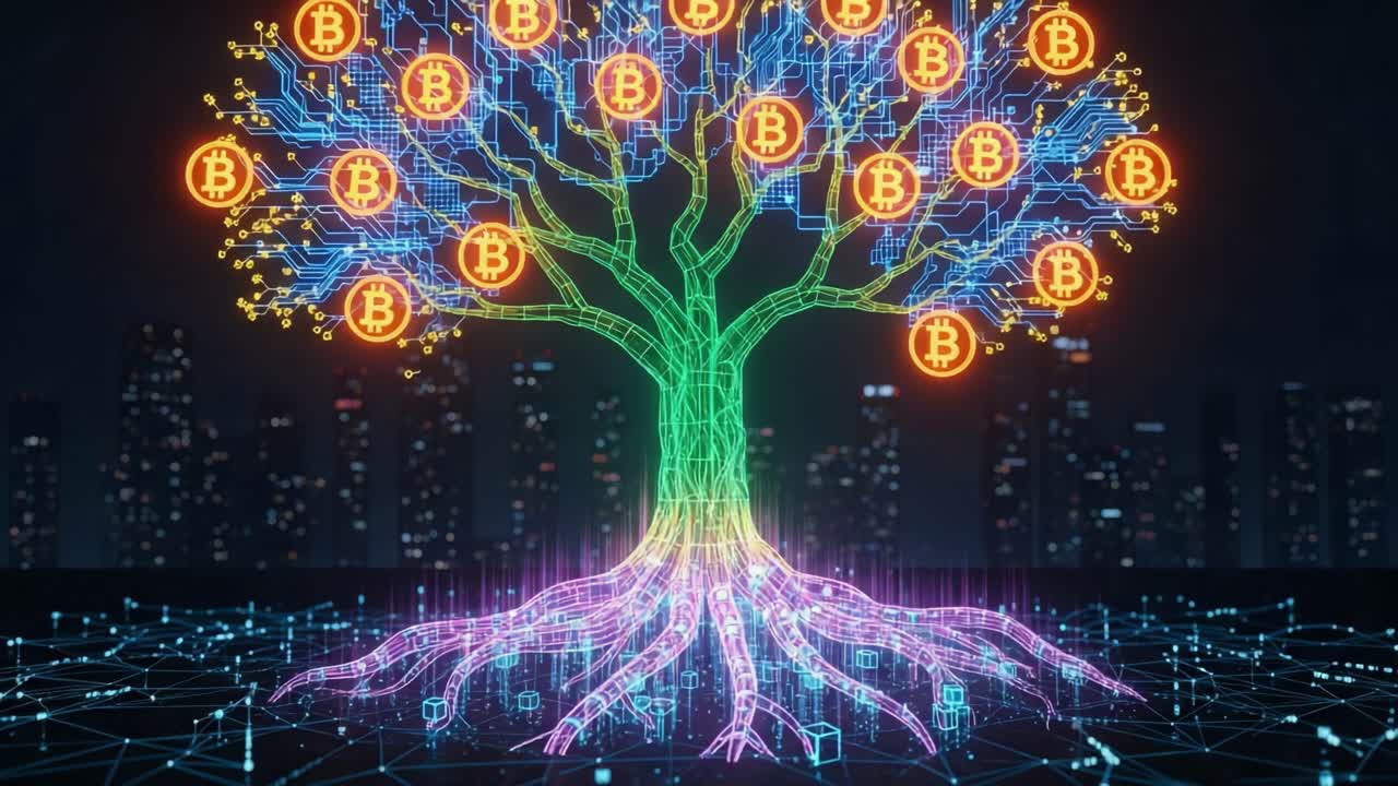 A Vibrant Digital Tree Representing Growth in Cryptocurrency, Merging Nature and Technology with Bitcoin Symbols to Illustrate the Future of Blockchain Innovation