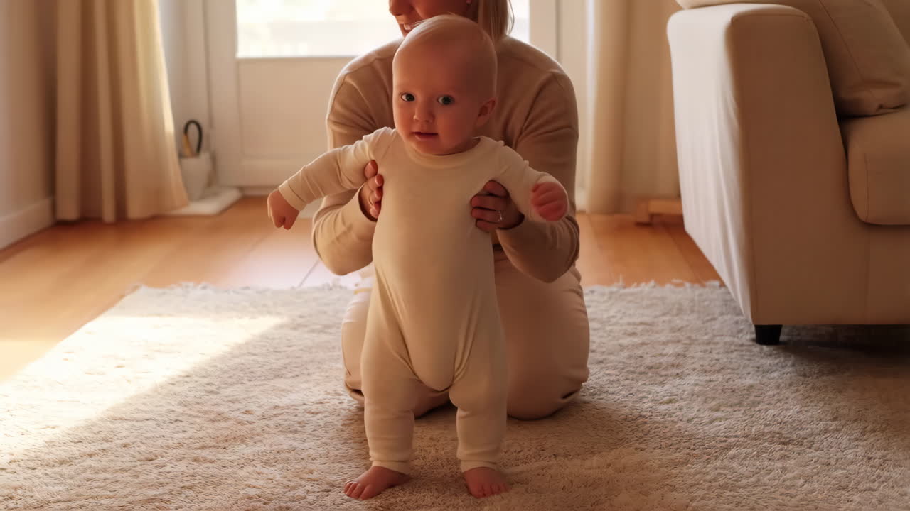 아기가 엄마의 도움으로 기 시작합니다.