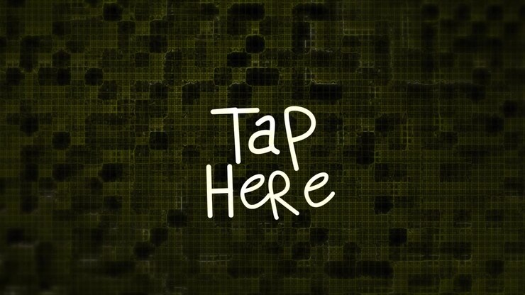Animation of tap here text over shapes on black background