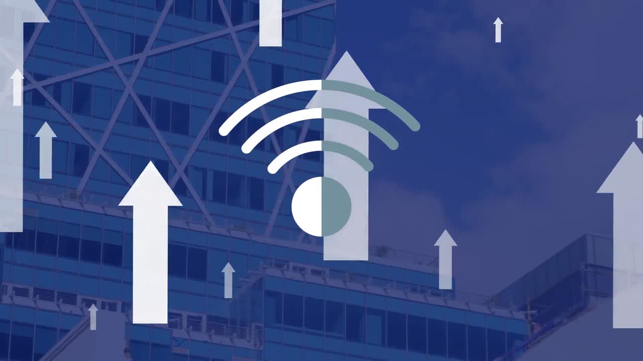 도시 풍경 위에 떠다니는 와이파이와 화살표의 애니메이션