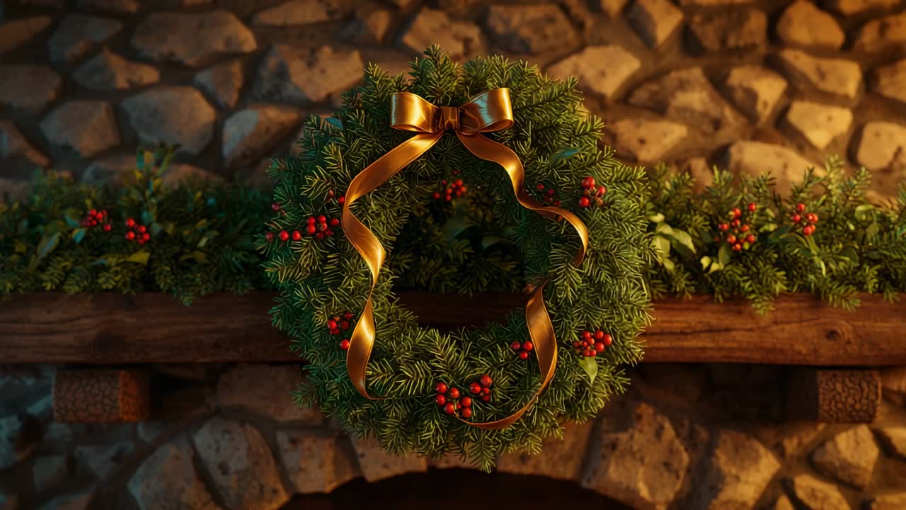 Moving camera focusing on wreath on mantel with red berries golden ribbon to showcase festive decor