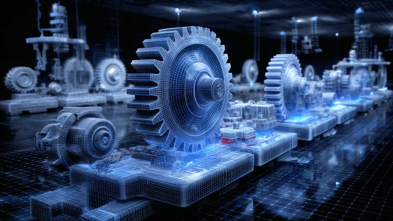 Futuristic Digital Machinery: A Detailed Look at Abstract Technological Gears Within a High-Definition Virtual Environment Enhanced with Neon Blue Lighting