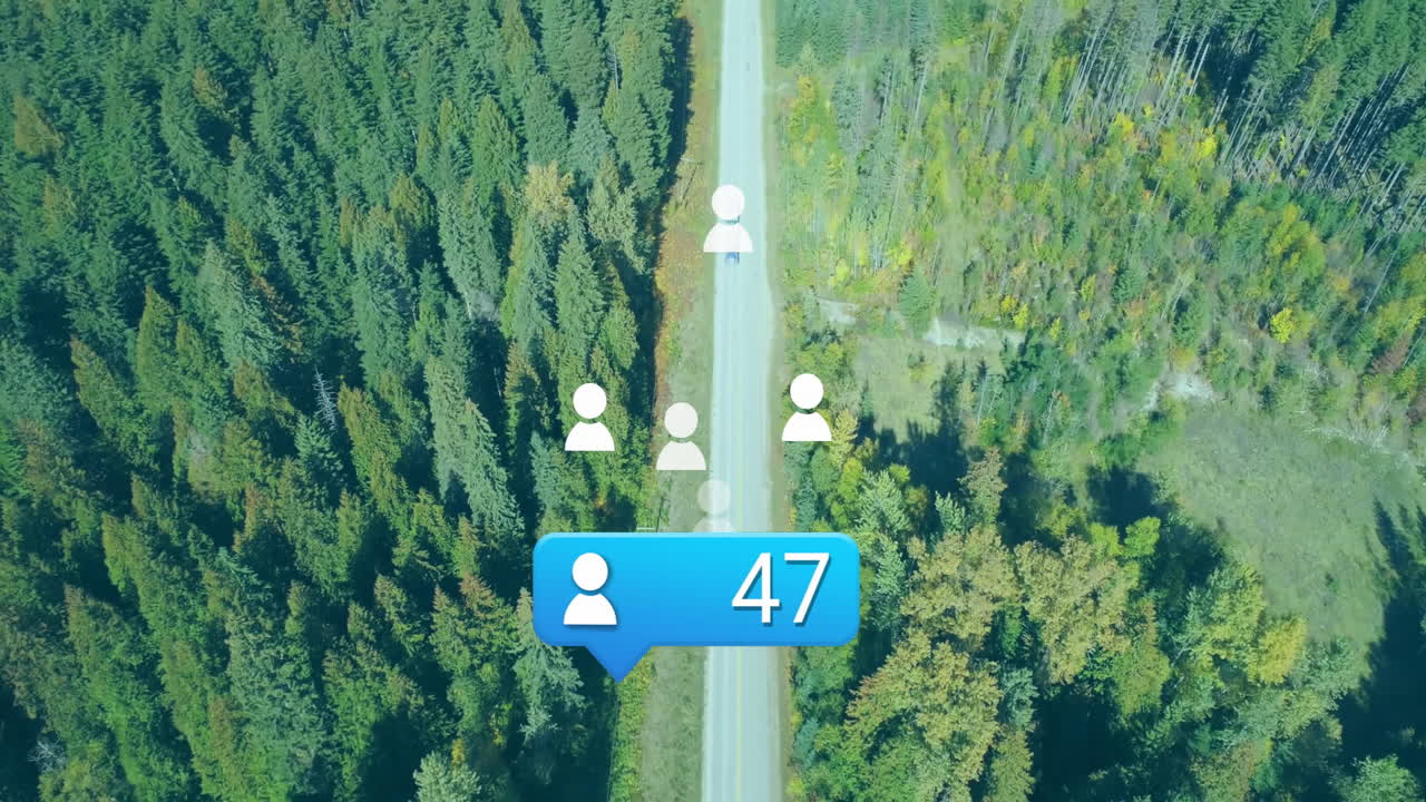 Animating blue notification bubble showing 47 users on forest road, overlaying white profile icons