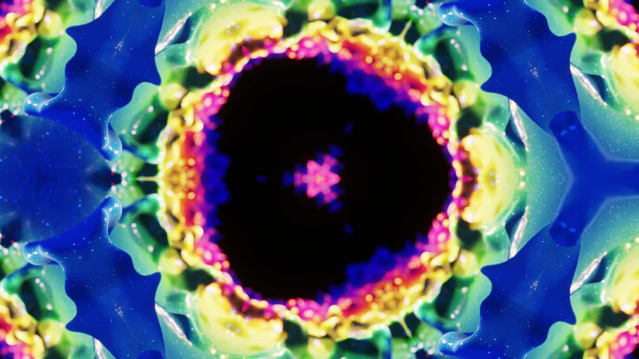 Kaleidoscope effect with abstract waves. Abstract symmetric 3D structures like liquid kaleidoscope in looped animation, smooth color gradients with glow glitter. Beautiful abstract bg 3d pattern. DOF