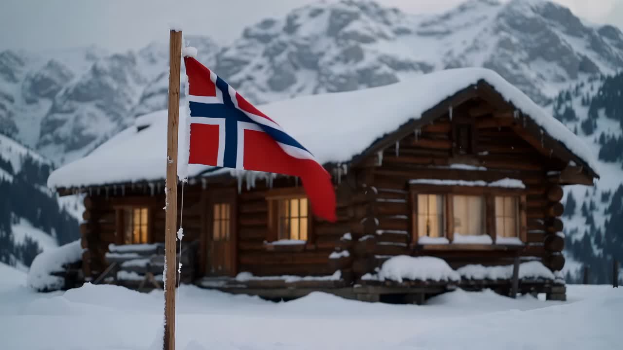 Ondulação da bandeira vermelha nórdica tremulando em um mastro em uma cabana de toras, com rajadas de vento e espaço para texto