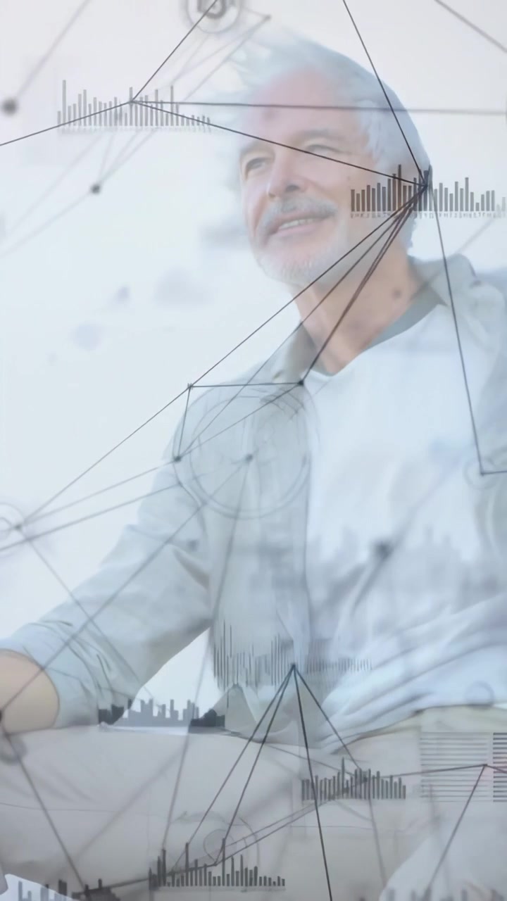 Vertical video: Opening frame starting with senior man sitting, looking up, HUD drifting for calm