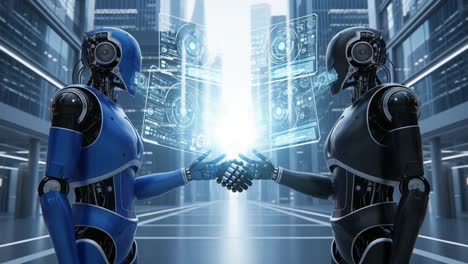 an engaging exchange: two advanced robots collaborate in a futuristic urban environment with holographic displays of data and technology