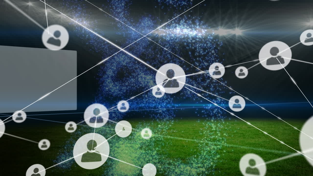 스포츠 경기장 위의 아이콘과 연결된 네트워크의 애니메이션