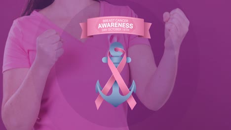 Video-of-breast-cancer-awareness-text-and-logo-over-woman-wearing-pink-cancer-awareness-ribbon