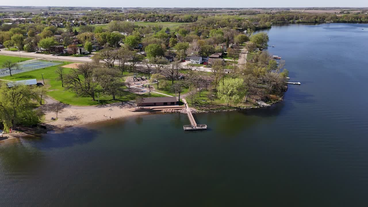 Aerial View of Fishing Dock on Lake. Clear Lake Park in Waseca, Minnesota
