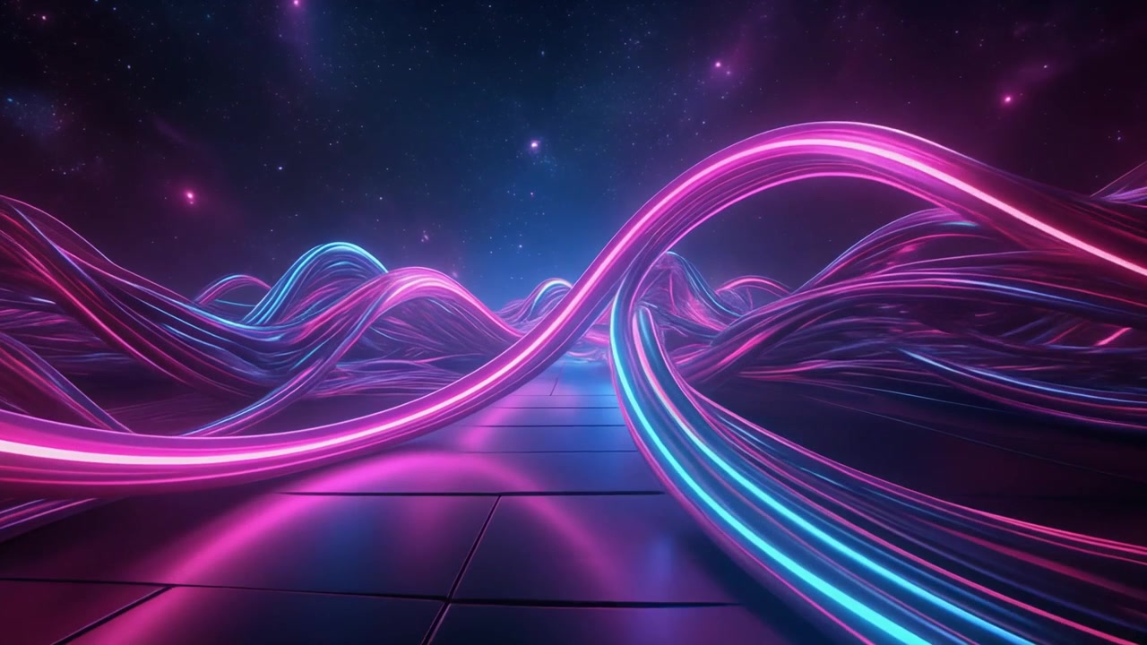 Abstract Neon Light Waves Flowing Over Dark Reflective Surface