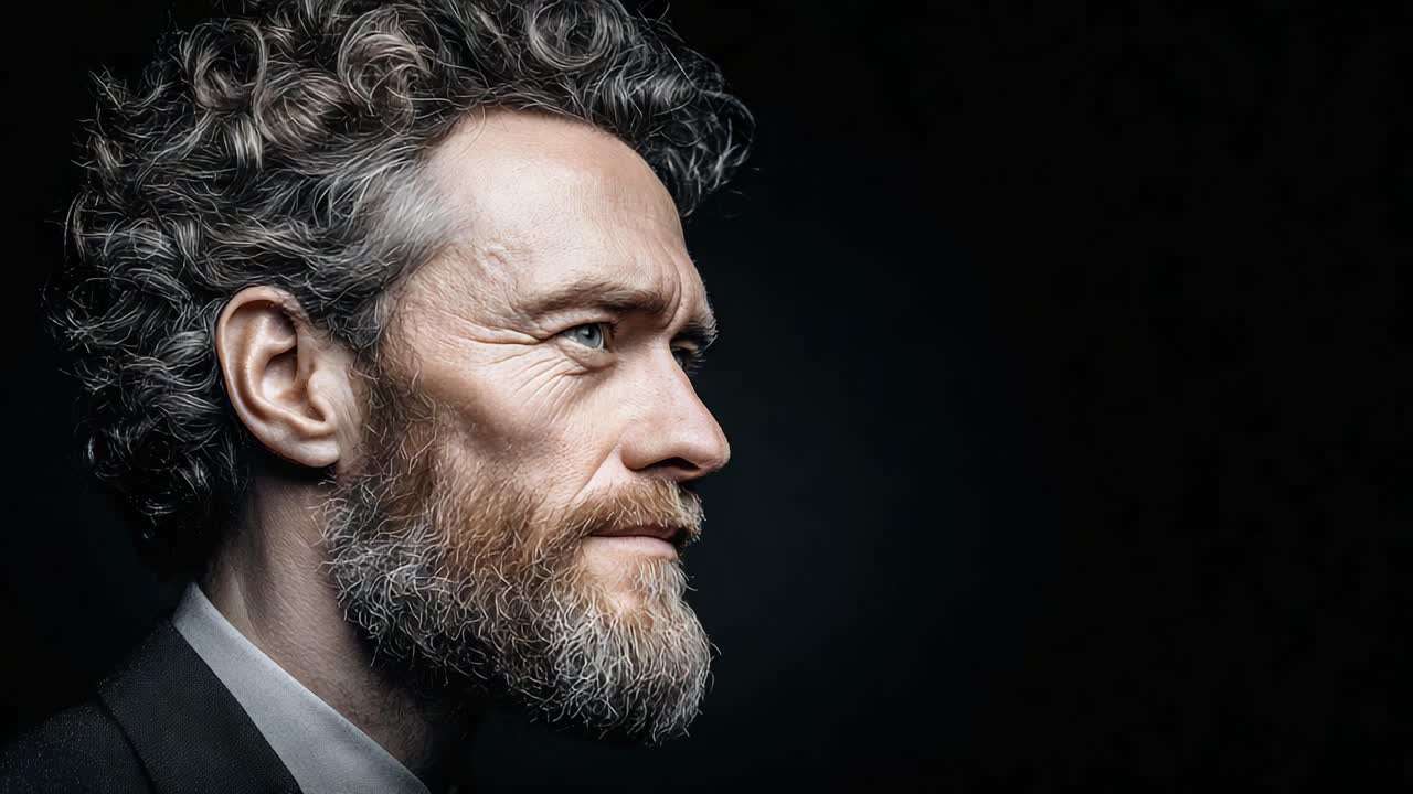 Un ritratto di profonda contemplazione: che cattura il profilo di un uomo pensieroso con capelli ricci e una barba ben curata su uno sfondo scuro.