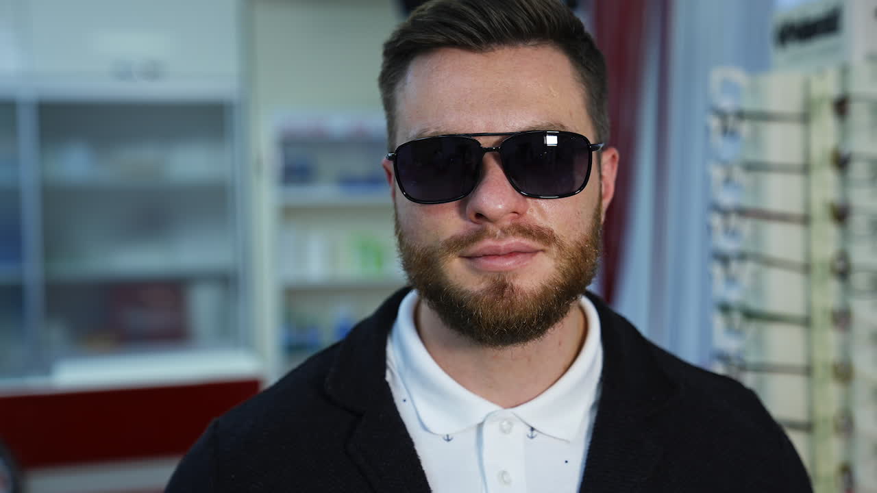 Handsome man chooses fashion sunglasses in optics. Wide assortment of modern eyewear in shop.