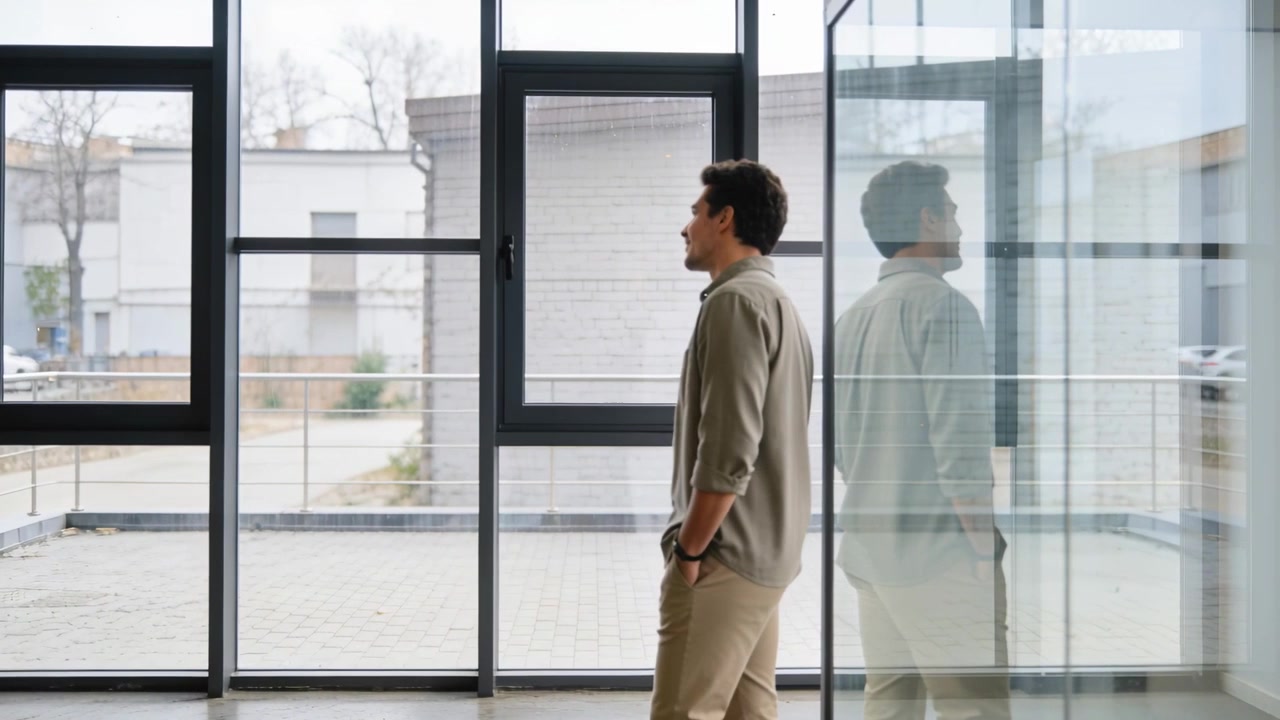 Uomo in camicia che si sistema, fa un passo a sinistra, guarda fuori lungo il riflesso delle finestre dell'ufficio, con spazio per il testo