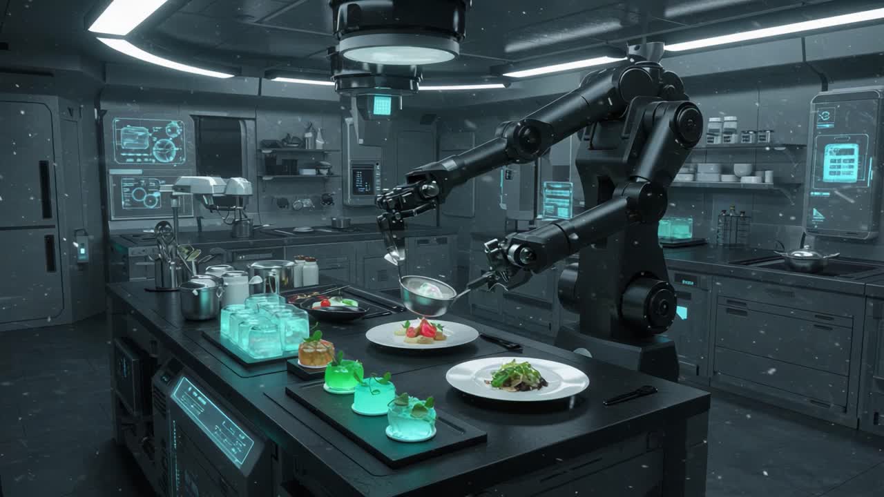 A futuristic robotic kitchen environment showcasing a robotic arm skillfully preparing and plating gourmet dishes amidst advanced technological kitchen equipment