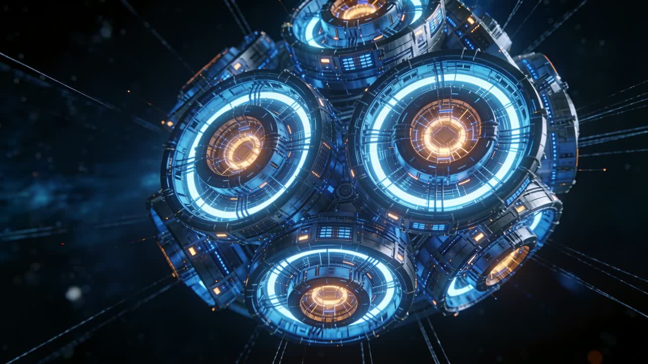 Un'orbita rotante rivela moduli nello spazio mentre la telecamera si allontana, con anelli blu e nuclei arancioni.