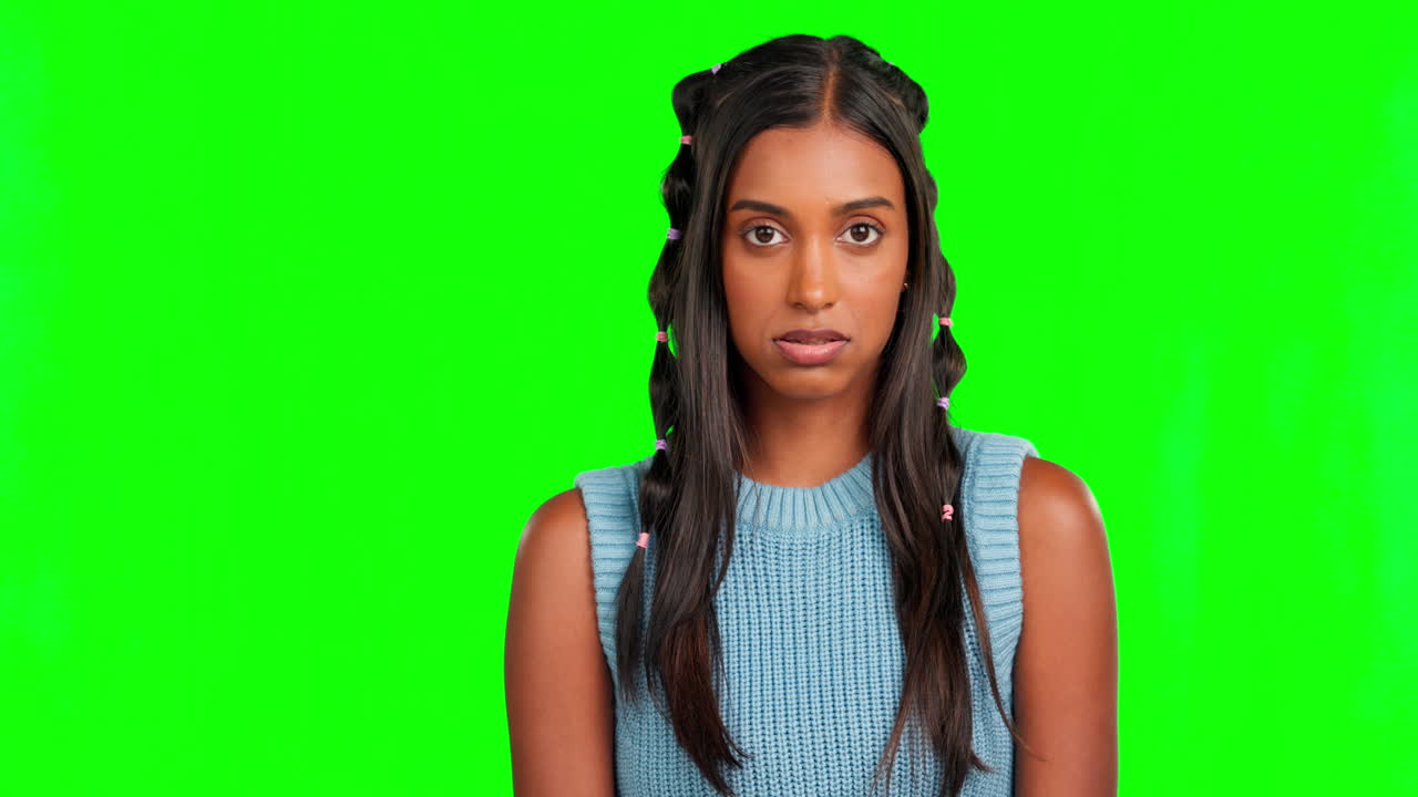 Annoyed, tired and eye roll with woman in green