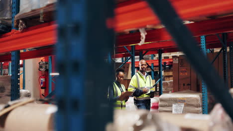 two warehouse workers inspecting inventory on a shelf