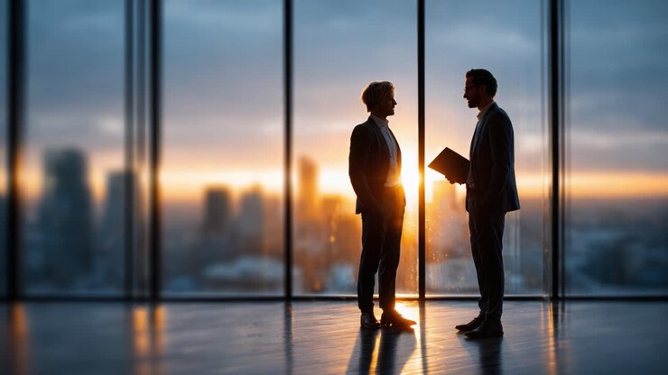 Partner commerciali impegnati in una discussione seria sullo sfondo di un tramonto mozzafiato, a simboleggiare la collaborazione e la pianificazione strategica in un moderno ambiente d'ufficio