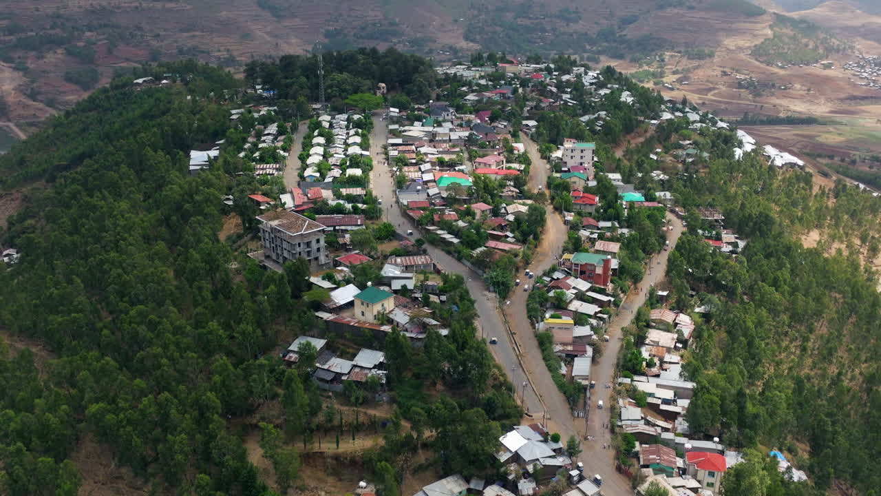 Hillside Houses And Road In Gondar City, Ethiopia. - aerial shot