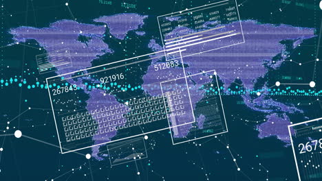 animación de procesamiento de datos global sobre el mapa del mundo con códigos numéricos y gráficos