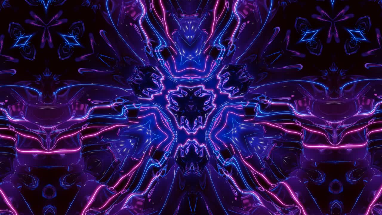 estructuras 3d simétricas abstractas con animación en bucle, gradientes de color azul púrpura suave, brillo brillante. efecto caleidoscopio con ondas fractales abstractas. hermoso bg abstracto con patrón 3d. dof