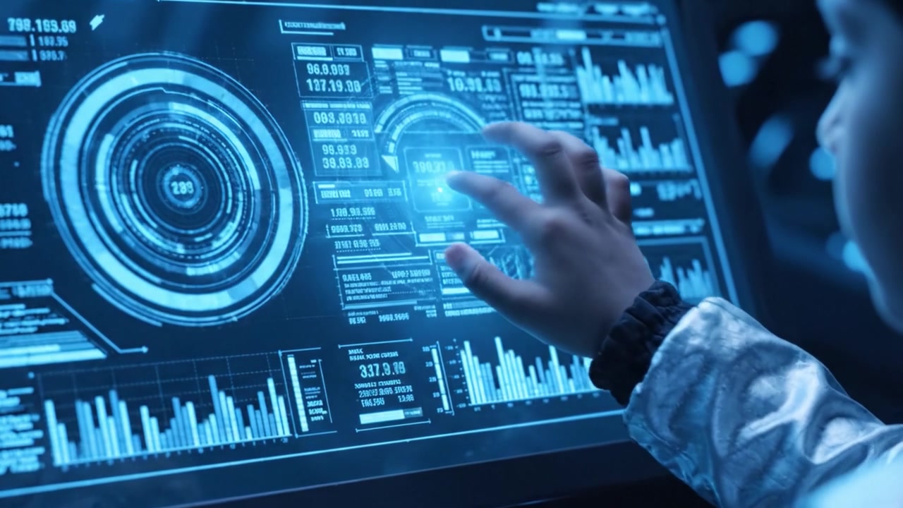 Innovative User Interaction with Futuristic Data Visualization Interfaces Showcasing Complex Metrics in a High-Tech Environment